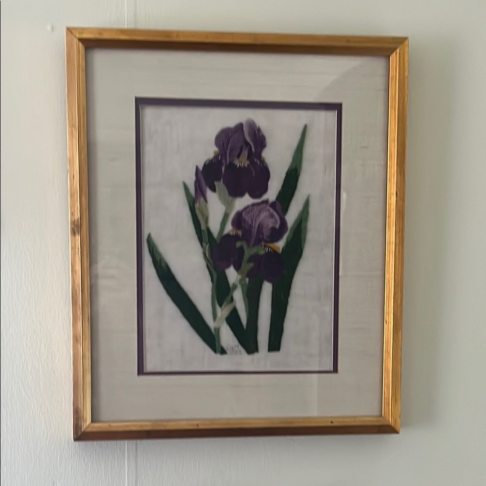 ▫️Vtg Embroidery Iris Gold Framed Wall Decor